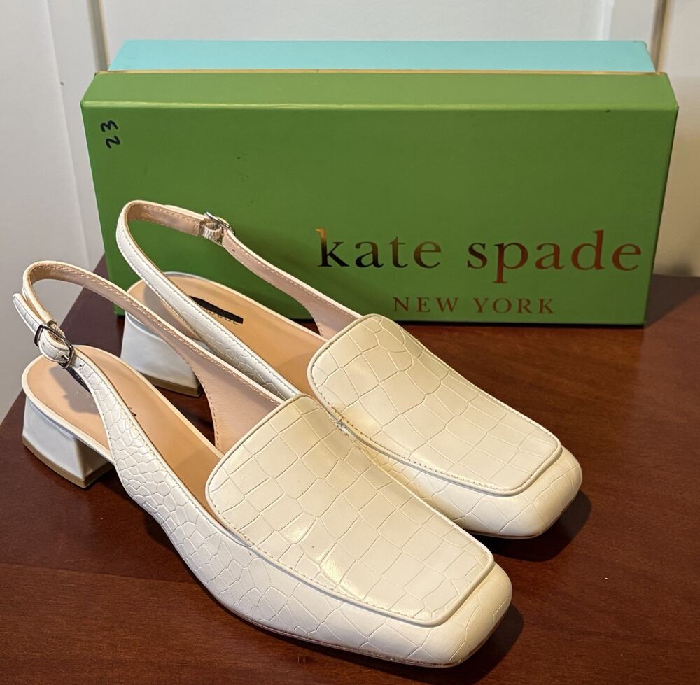 kate spade new york White Croc Print Slingback Square Toe Block Heel 6.5M